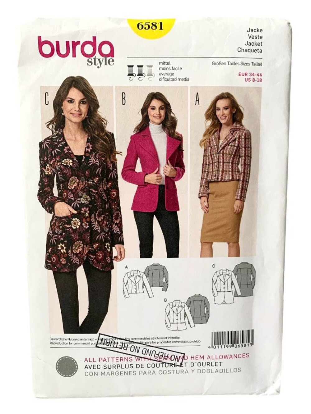 Burda 7321 Pattern Misses Jacket Fitted Uncut Size 8 10 12 14 16 18